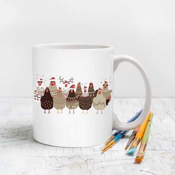 ๐ Festive Chicken Parade 11 oz White Mug - Funny Holiday Coffee Mug - Picture 1 of 4